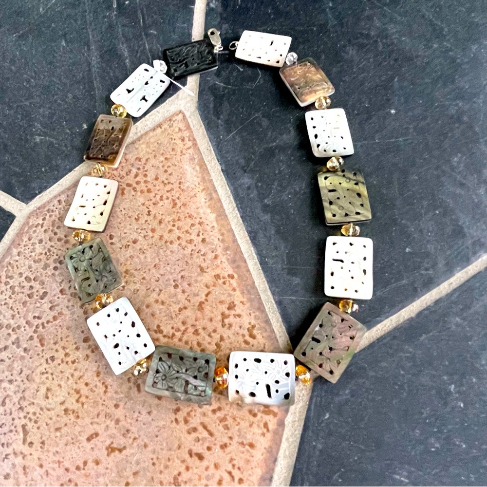 One of a kind Carved Mother of Pearl beads with faceted Citrine 18” necklace.